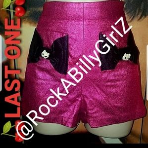 Too Fast High Waist Hot Pink Metallic Shorts w Cat Skulls on Black Bows Pockets